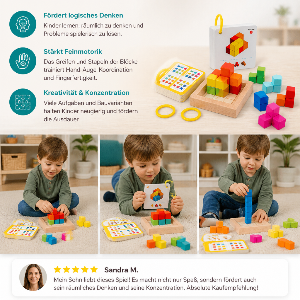 Montessori 3D-Holzpuzzle – Bunte Geometrie-Bausteine & MINT-Denkspiel