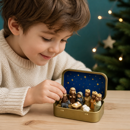 Mini-Weihnachtskrippe in einer Box – Handbemaltes Weihnachtsfiguren-Set