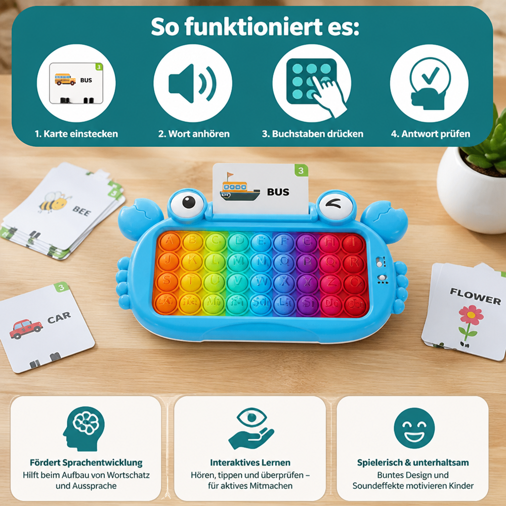 Interaktives sprechendes Lernkarten-Tablet mit Pop-It-Tastatur, Buchstabier- & Phonetikspielen