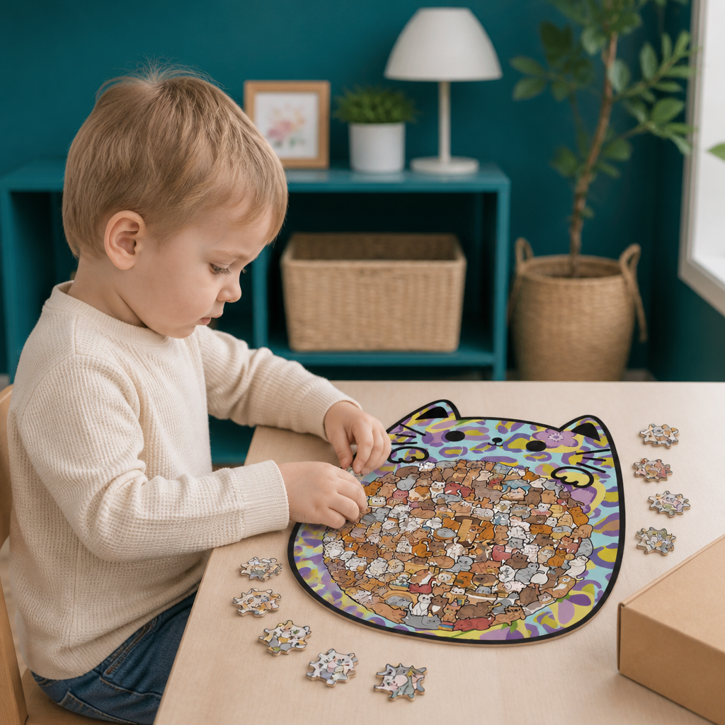 135-teiliges Holz-Puzzle mit katzenförmigen Puzzleteilen