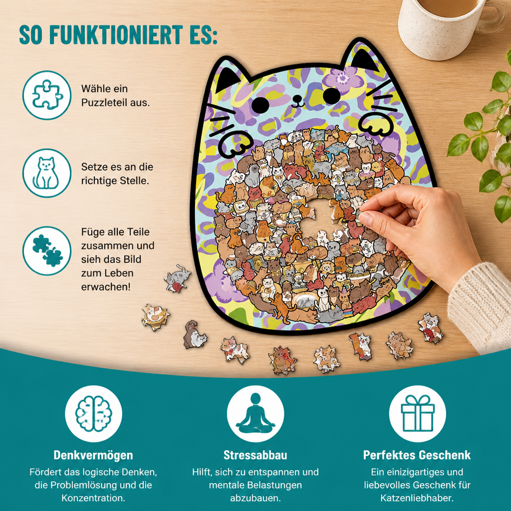135-teiliges Holz-Puzzle mit katzenförmigen Puzzleteilen