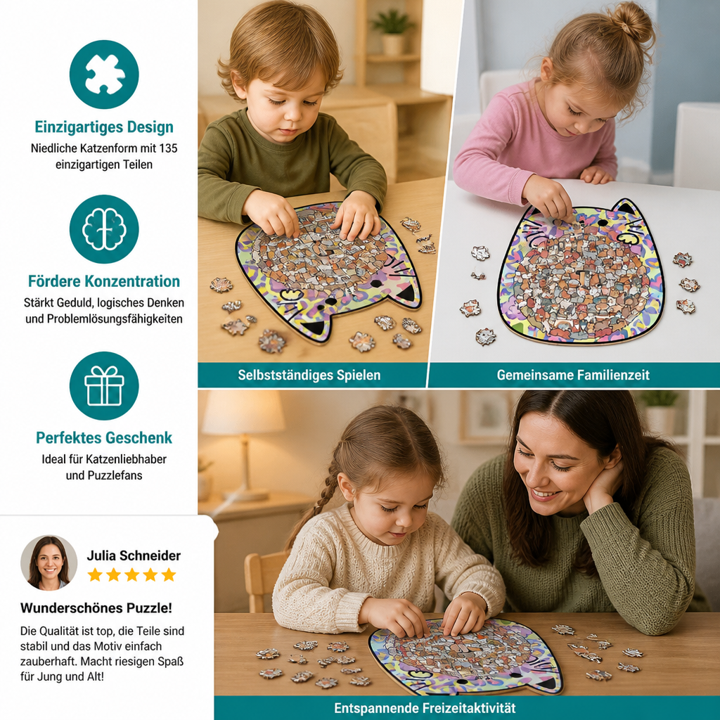135-teiliges Holz-Puzzle mit katzenförmigen Puzzleteilen