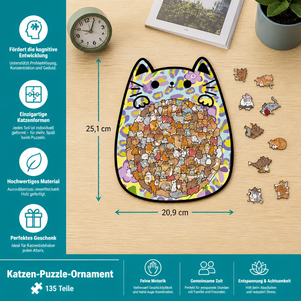 135-teiliges Holz-Puzzle mit katzenförmigen Puzzleteilen