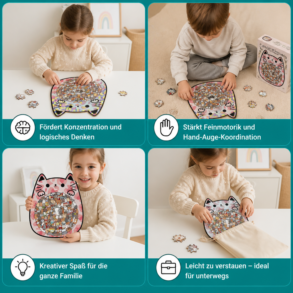 135-teiliges Holz-Puzzle mit katzenförmigen Puzzleteilen