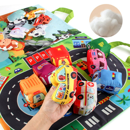 2in1 Sensorische Plüsch Spielzeug Autos mit Straßenmatte und Tasche für Unterwegs