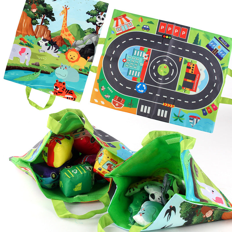 2in1 Sensorische Plüsch Spielzeug Autos mit Straßenmatte und Tasche für Unterwegs