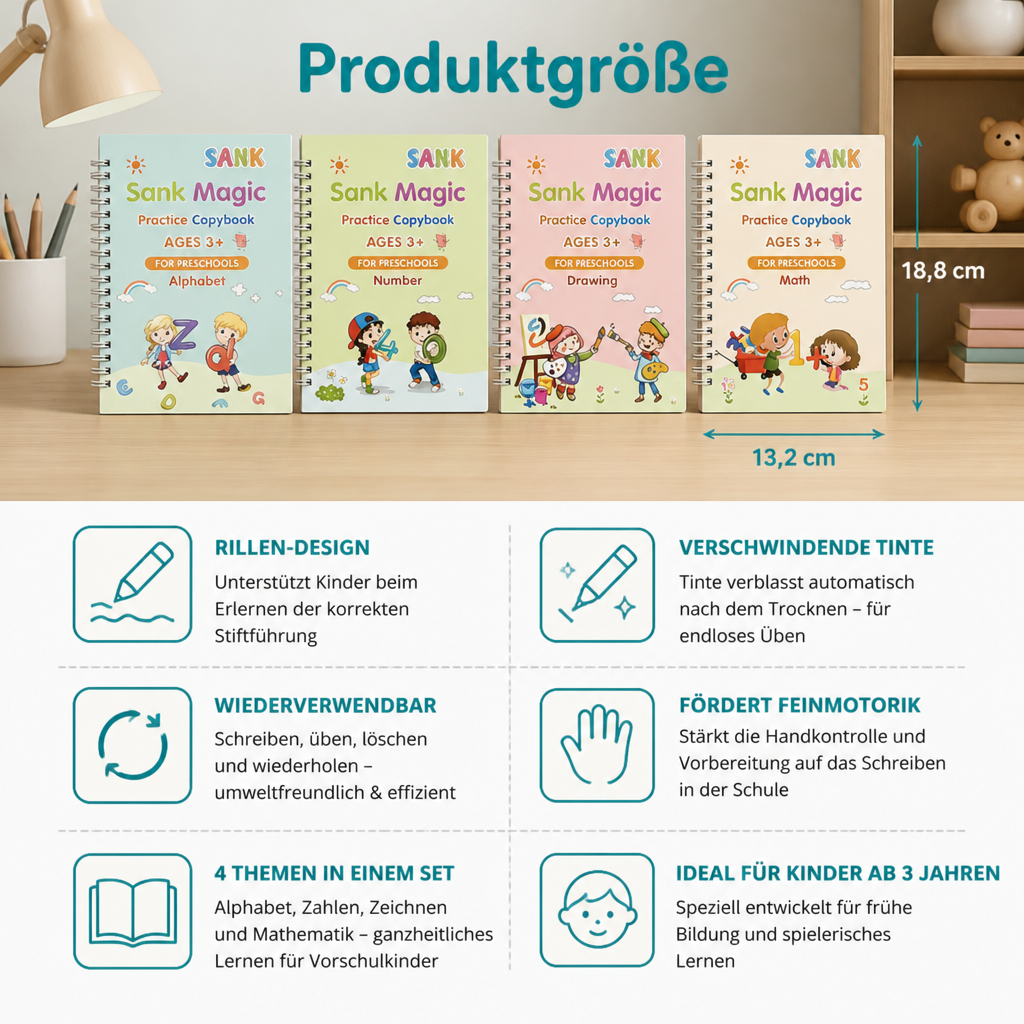 Magisches wiederverwendbares Schreibübungsheft-Set mit Rillen & verschwindender Tinte