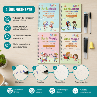 Magisches wiederverwendbares Schreibübungsheft-Set mit Rillen & verschwindender Tinte