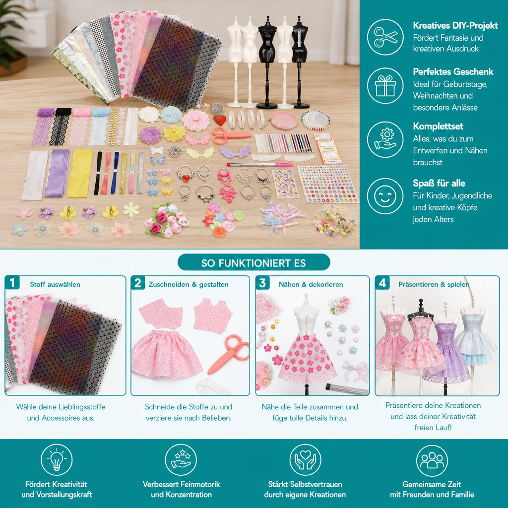 400+ teiliges DIY-Modedesign- & Nähset mit 3 Schneiderpuppen