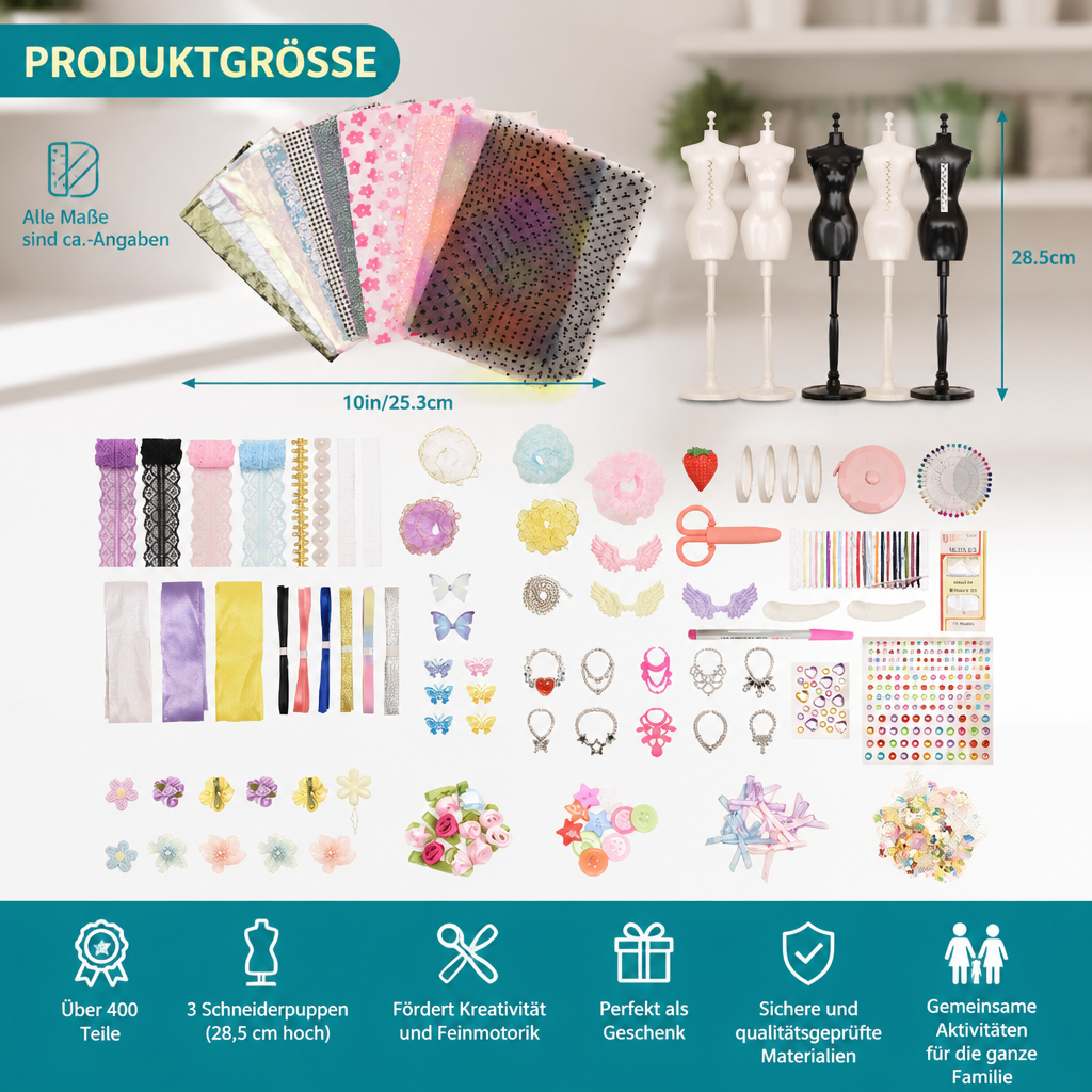 400+ teiliges DIY-Modedesign- & Nähset mit 3 Schneiderpuppen