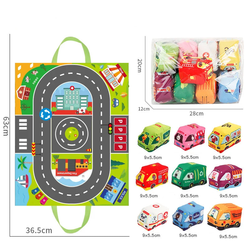 2in1 Sensorische Plüsch Spielzeug Autos mit Straßenmatte und Tasche für Unterwegs