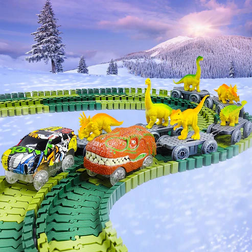 Dinosaurier Strecken Abenteuer – Flexible Rennbahn mit leuchtendem Zug