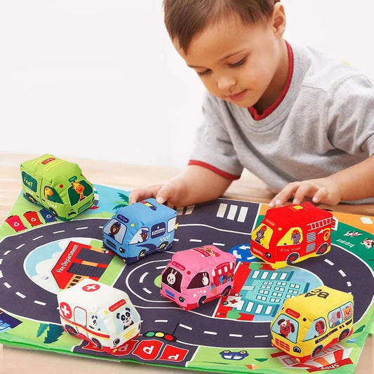 2in1 Sensorische Plüsch Spielzeug Autos mit Straßenmatte und Tasche für Unterwegs
