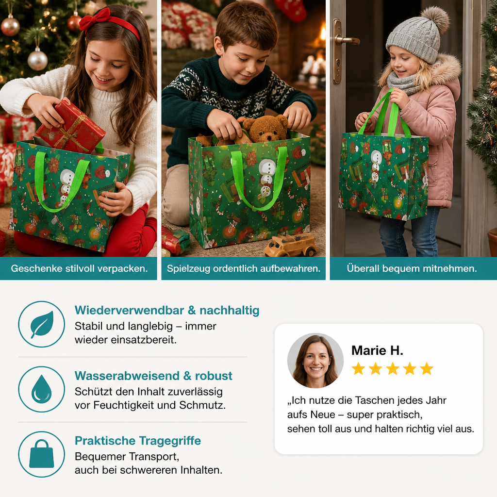 Wiederverwendbare Weihnachts-Geschenktaschen mit Griffen – Verschiedene festliche Designs