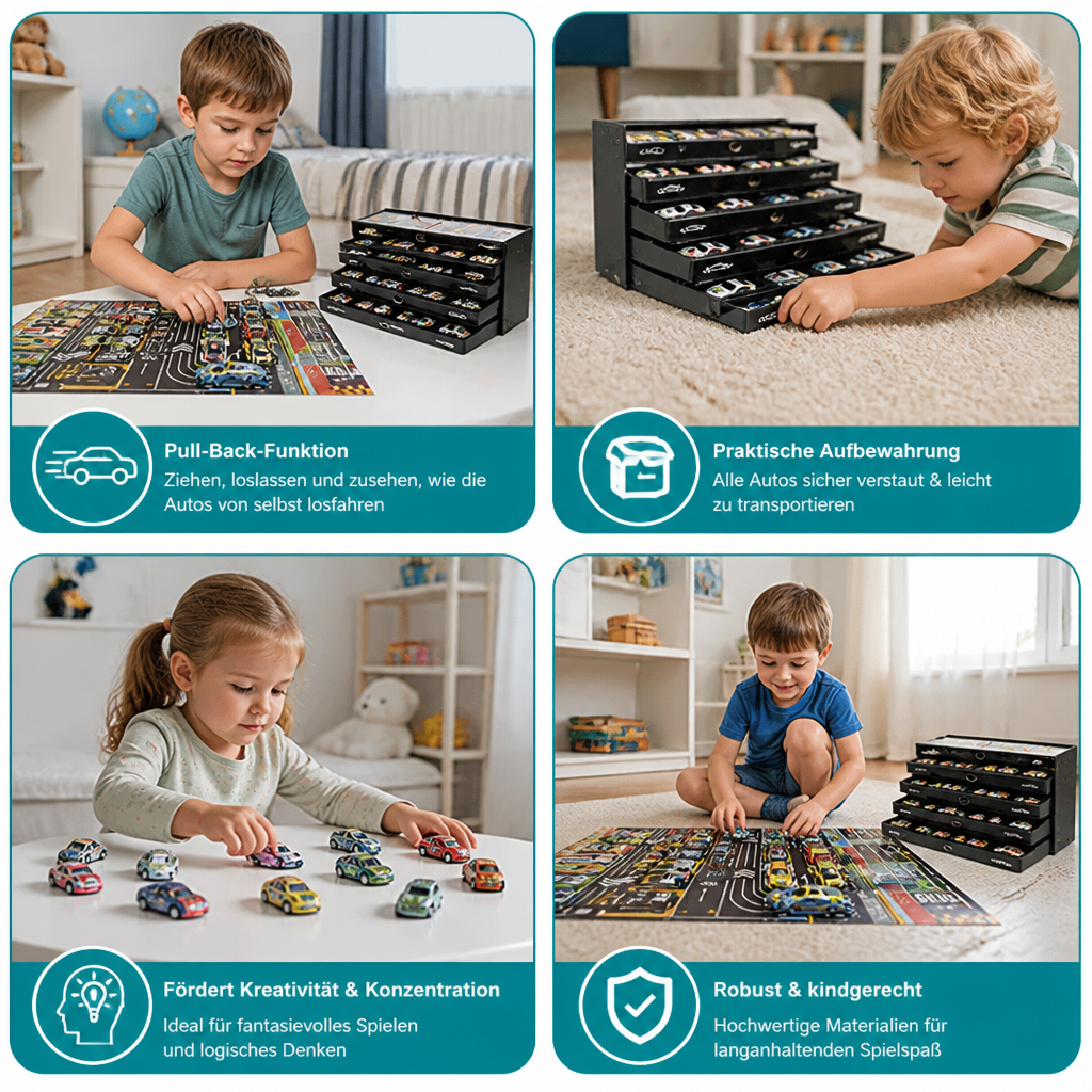 48-teiliges Mini-Druckguss-Rückziehauto-Set mit Aufbewahrungsbox