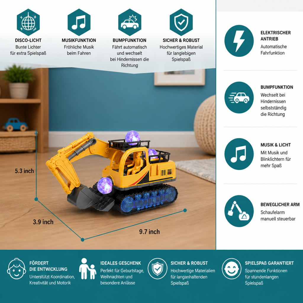 Elektrischer Spielzeugbagger mit Diskokugel, Musik & Bump-and-Go-Funktion