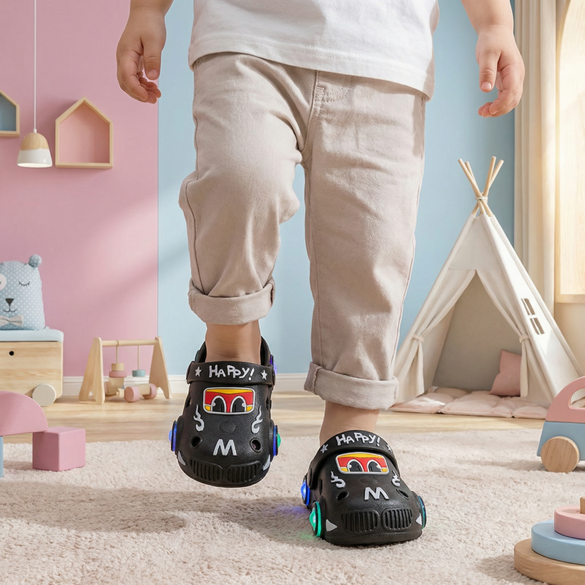 Leuchtende Auto-Kinderslipper – Badeschlappen mit rutschfester Sohle