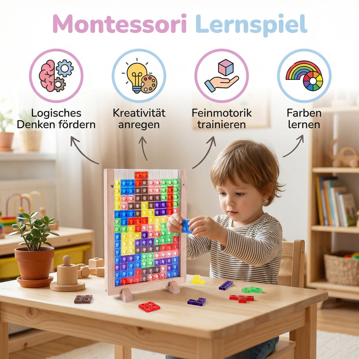 3D Farben Baustein Puzzle mit Holzrahmen – Pädagogisches Montessori Lernspiel