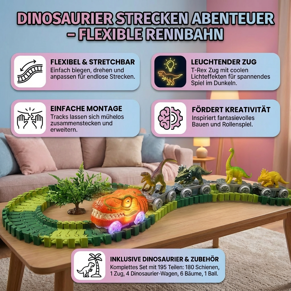 Dinosaurier Strecken Abenteuer – Flexible Rennbahn mit leuchtendem Zug