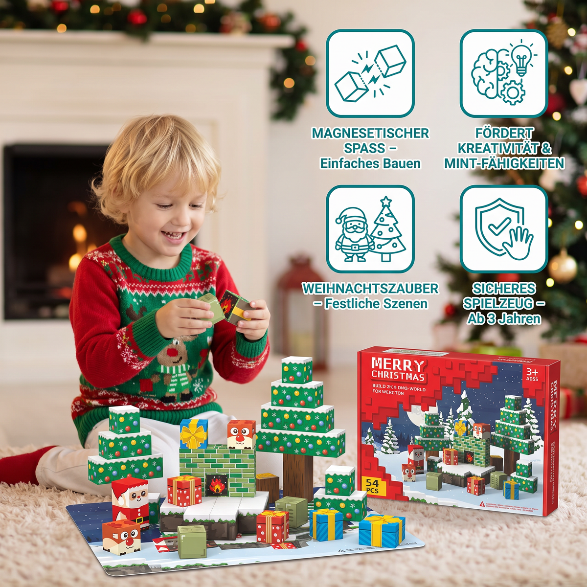 54-teiliges Weihnachts-Magnetbausteinset – Festliches MINT-Konstruktionsspielzeug