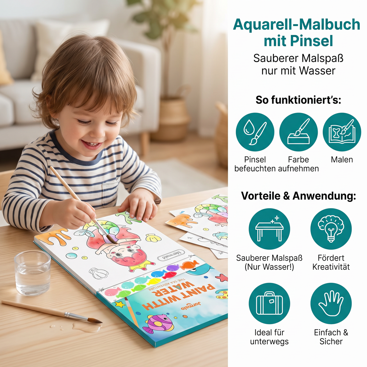 Aquarell-Malbuch mit Pinsel – Sauberer Malspaß nur mit Wasser