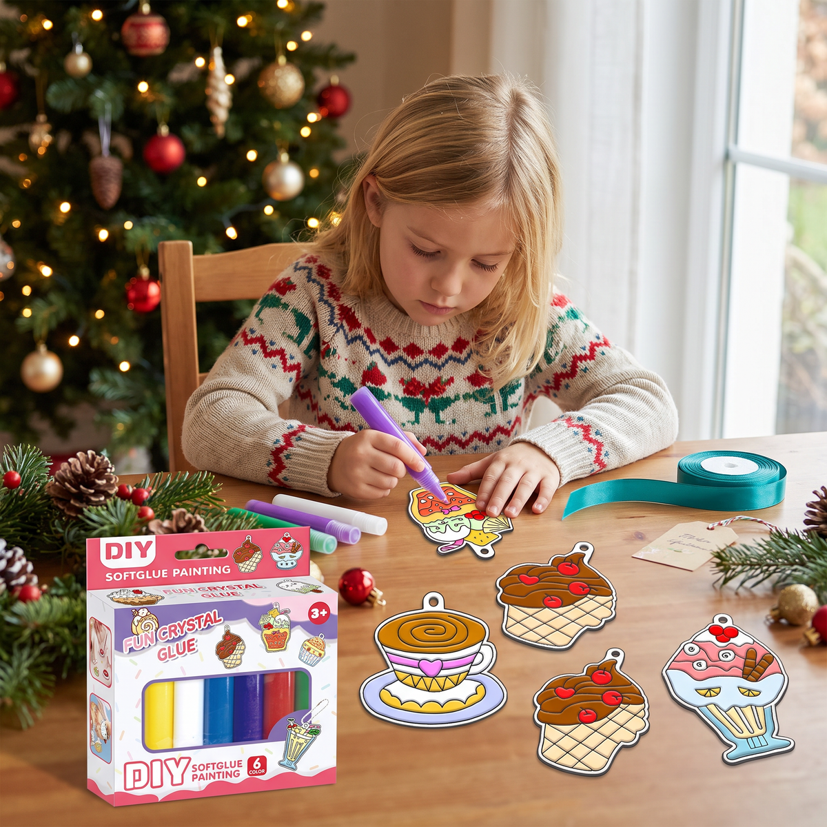 DIY-Weihnachtsanhänger-Bastelset mit kleberfreier Maltechnik für Kinder