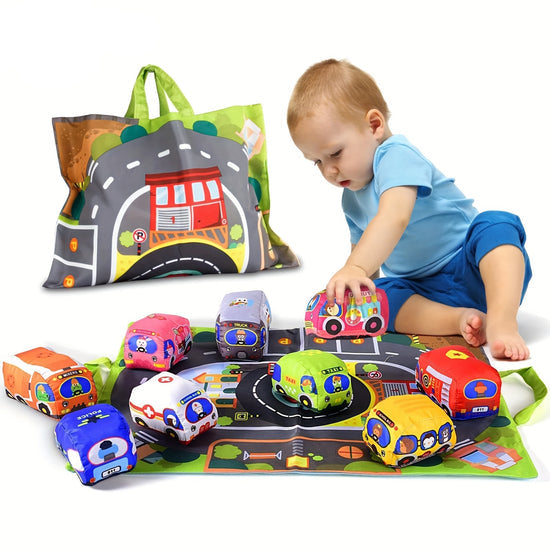 2in1 Sensorische Plüsch Spielzeug Autos mit Straßenmatte und Tasche für Unterwegs