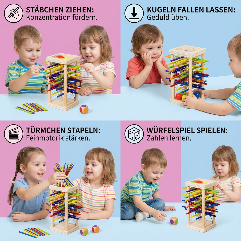 Pädagogisches 3in1 Holz Kugel und Stöckchen Geschicklichkeits Spiel