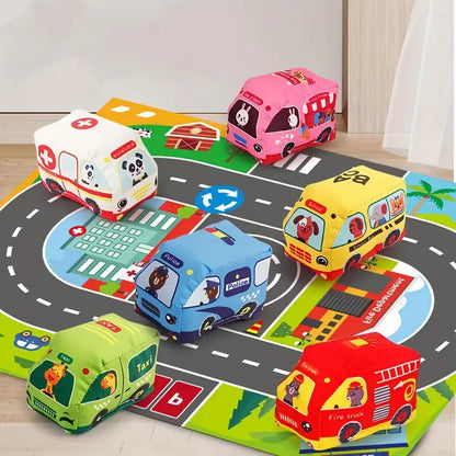 2in1 Sensorische Plüsch Spielzeug Autos mit Straßenmatte und Tasche für Unterwegs
