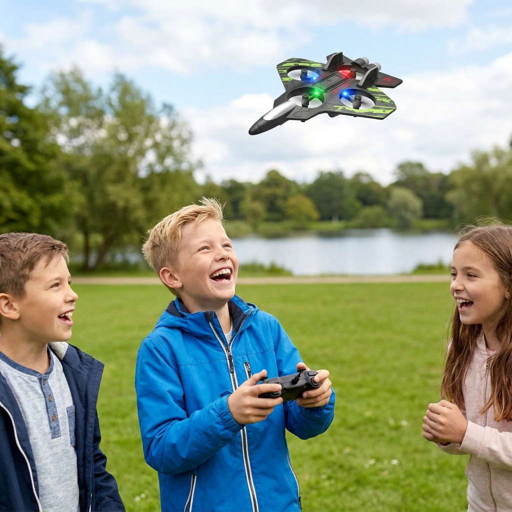 Robuste RC-Kampfjet-Drohne aus Schaumstoff für drinnen & draußen – 360°-Flips & LED-Lichter