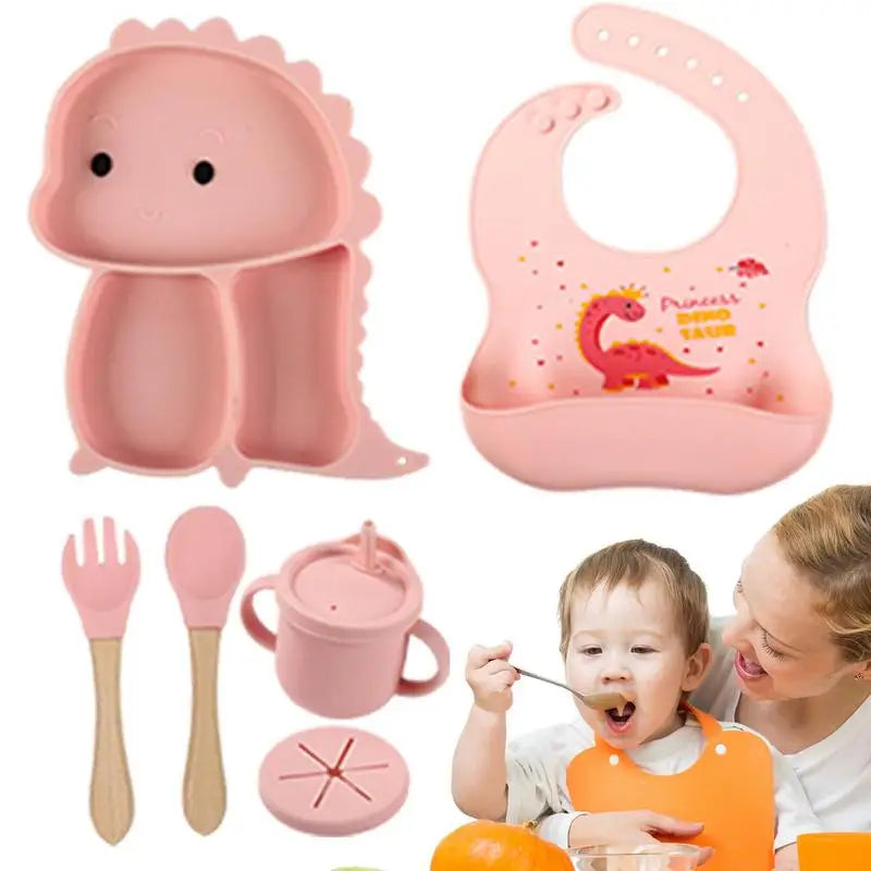 Dino- Design Silikon- Geschirrset – 7- Teiliges Kinder- Essensset