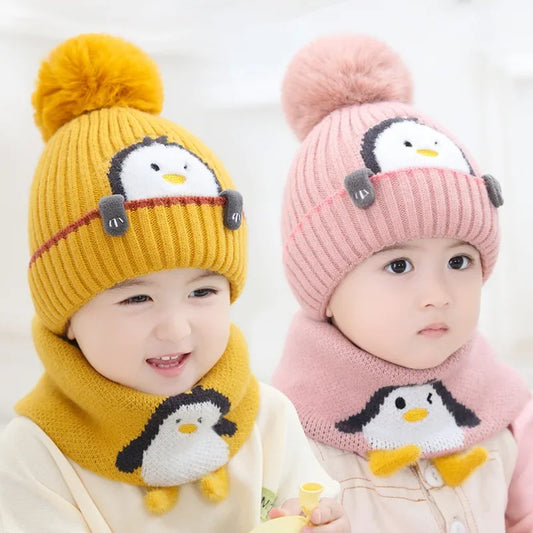 Warmer Pinguin-Look – Strickmütze & Schal-Set für Kinder