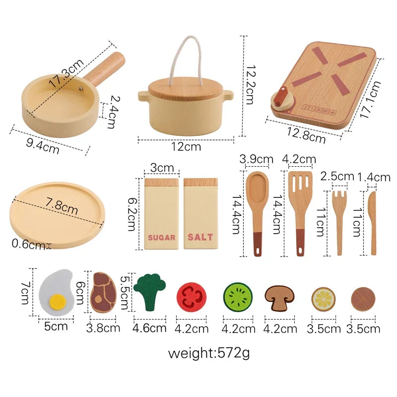 Holz-Spielküchen-Set für Kinder – Mini-Köche Set mit Bratpfanne, Zutaten und Zubehör