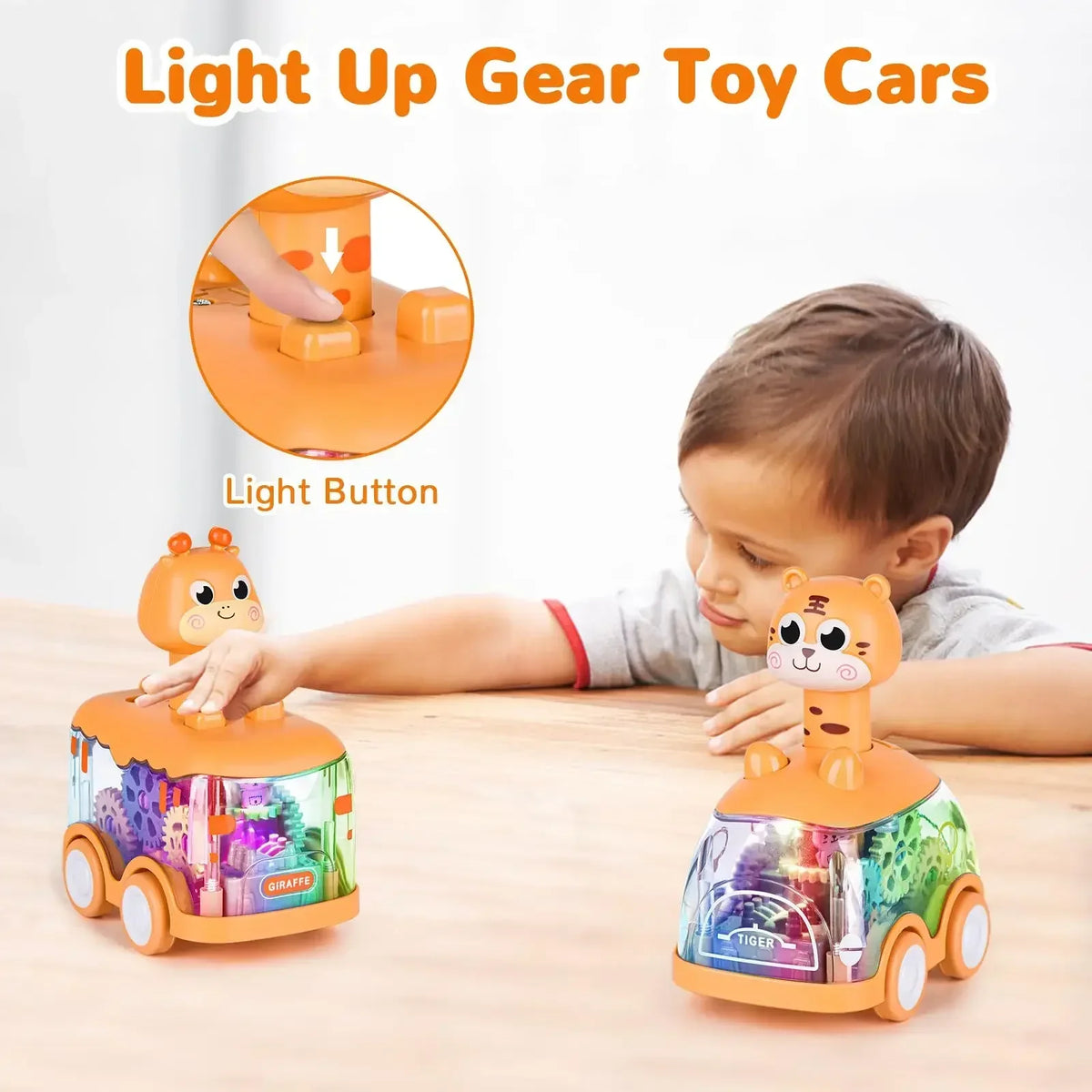 Transparentes Turbo-Spielzeugauto mit Lichtern und Zahnrädern – Interaktives Kinderfahrzeug