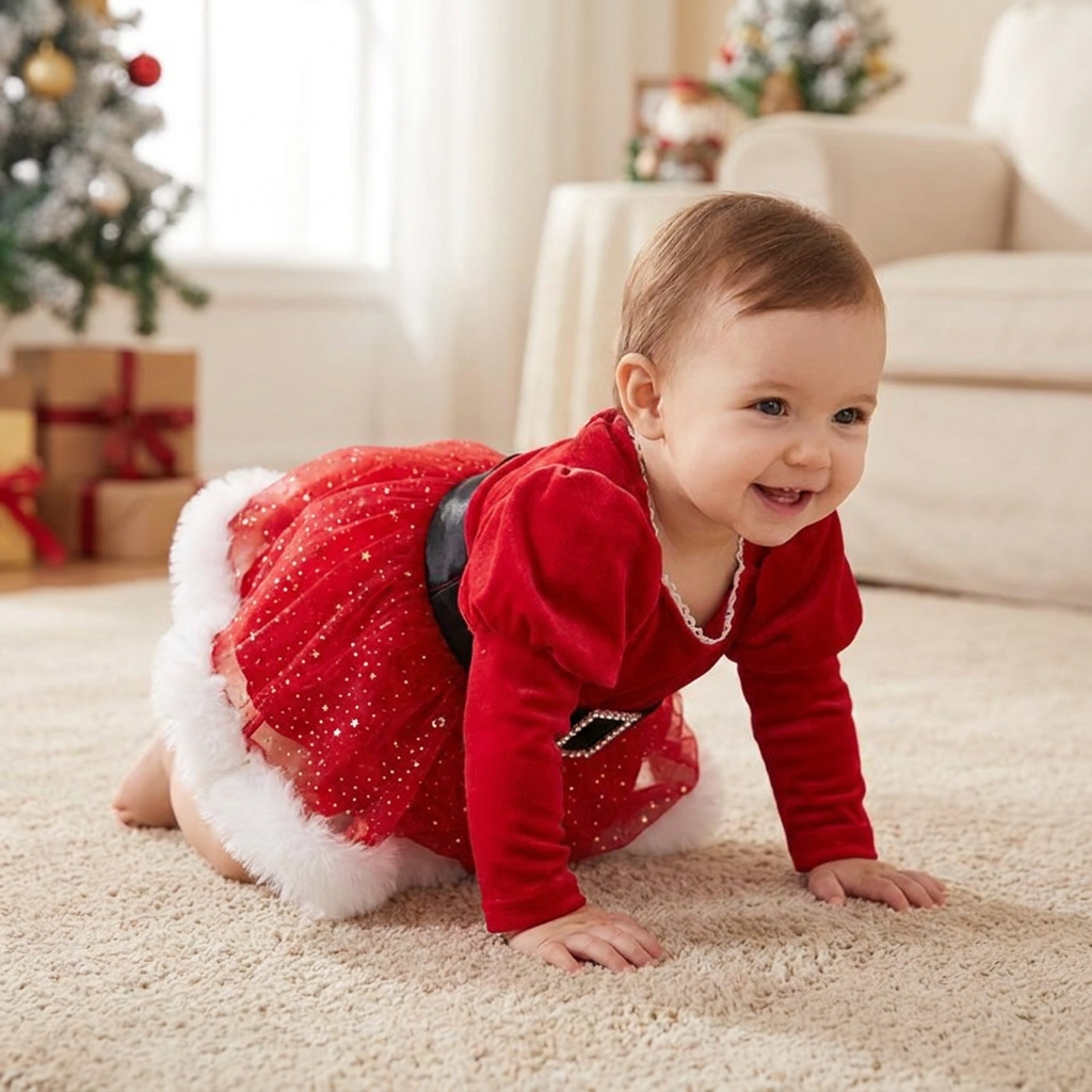 „Mein erstes Weihnachten“-Langarm-Stramplerkleid für Baby-Mädchen