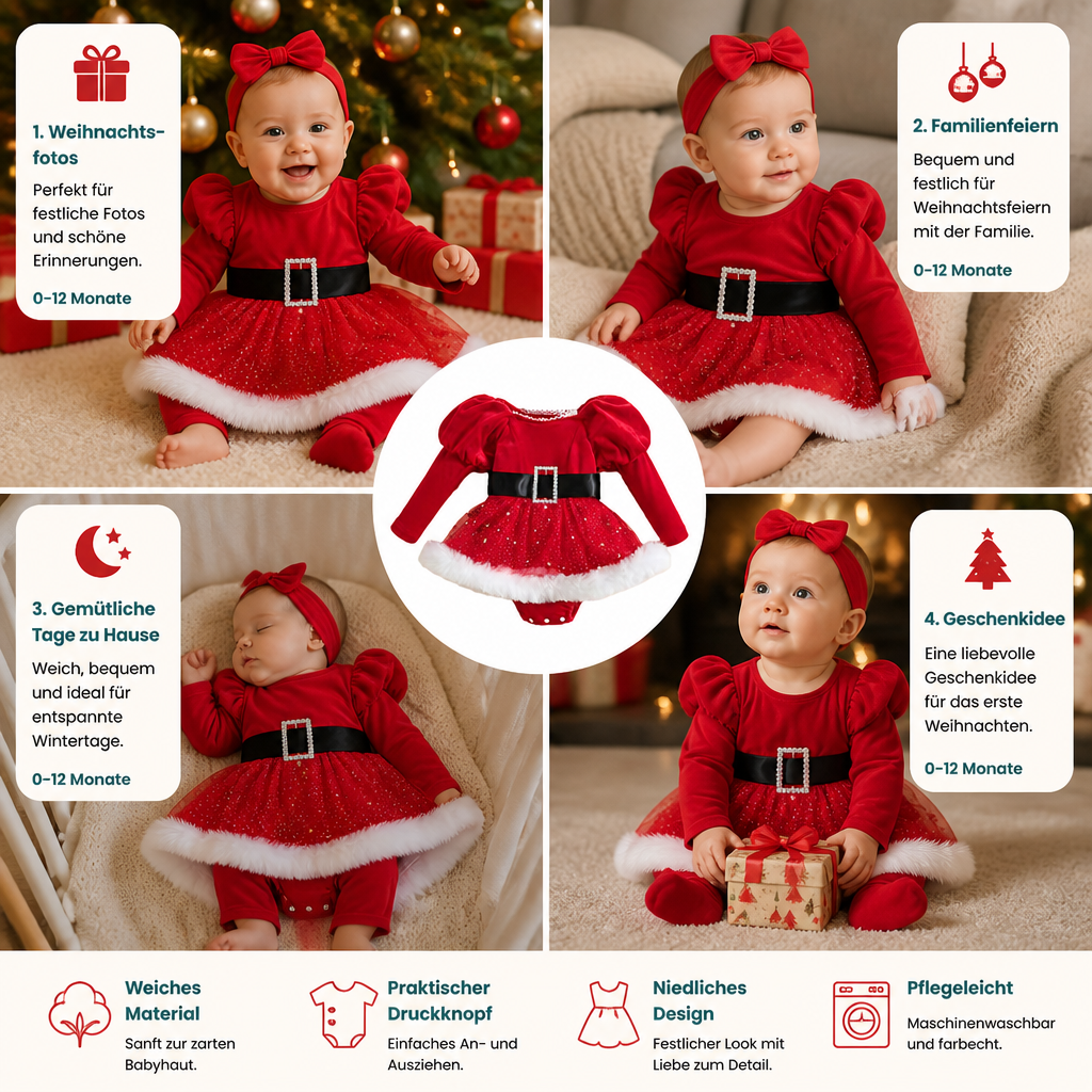 „Mein erstes Weihnachten“-Langarm-Stramplerkleid für Baby-Mädchen