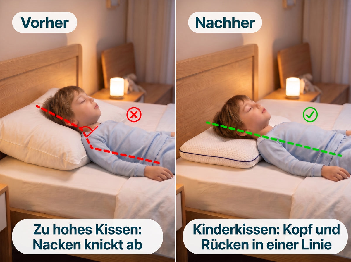 Vorher/Nachher mit Skizze: auf dem zu hohen Kissen knickt der Nacken ab, auf dem Kinderkissen liegen Kopf und Rücken in einer Linie