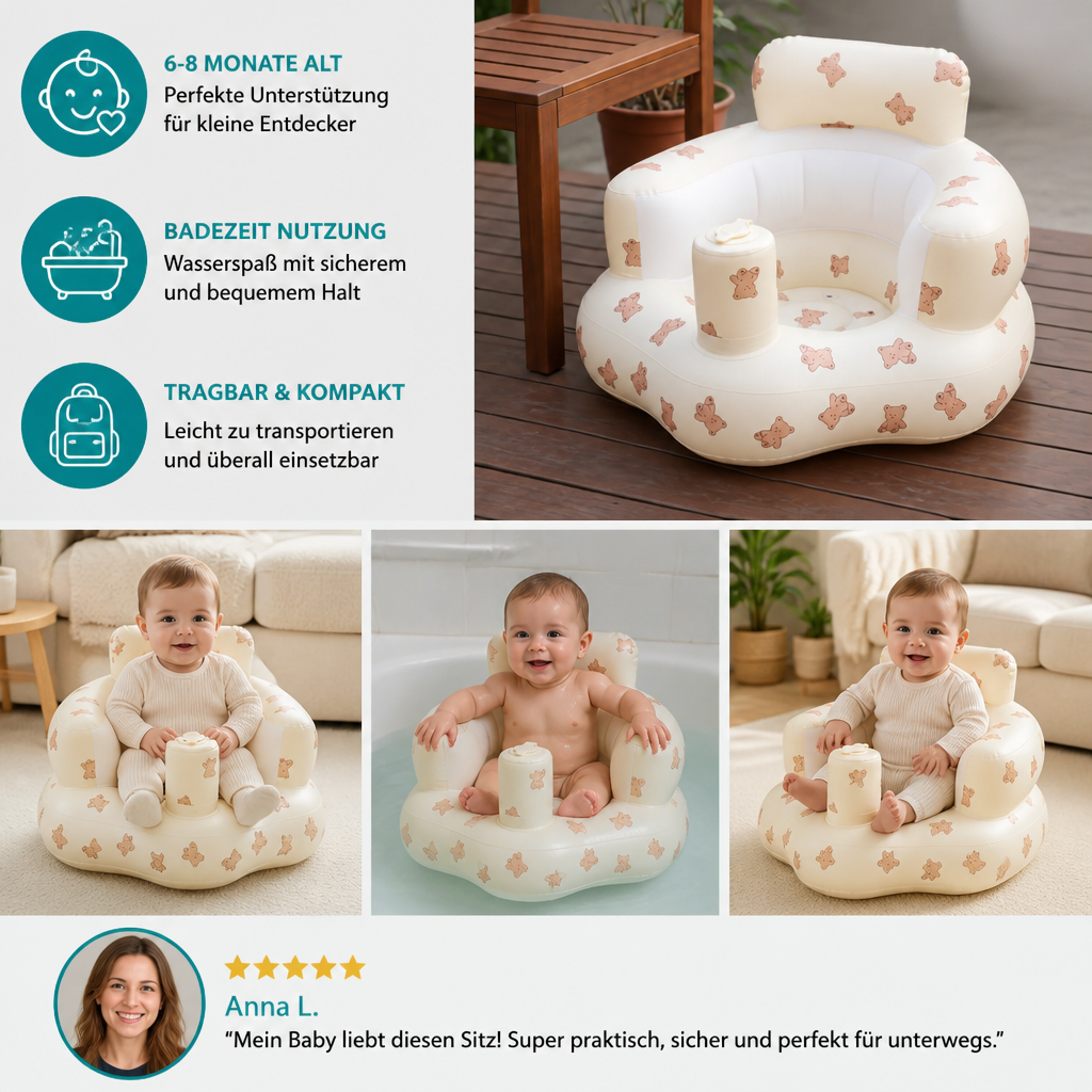 Aufblasbarer Baby-Bodensitz mit integrierter Pumpe – Tragbar & faltbar