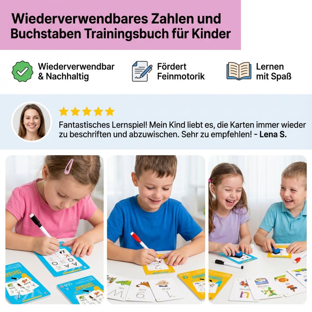 Wiederverwendbares Zahlen und Buchstaben Trainingsbuch für Kinder