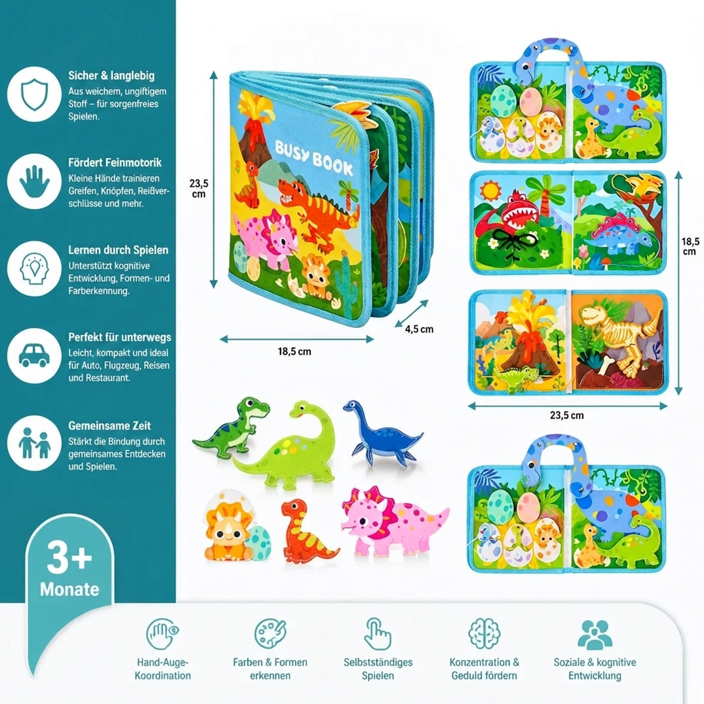 8-in-1 Montessori-Dinosaurier-Busy-Board-Aktivitätsbuch für Kleinkinder