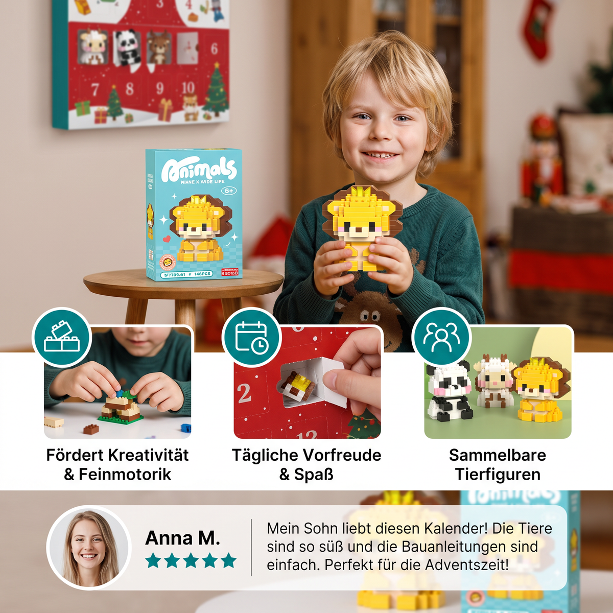 Niedlicher Tier-Baustein-Adventskalender für Kinder