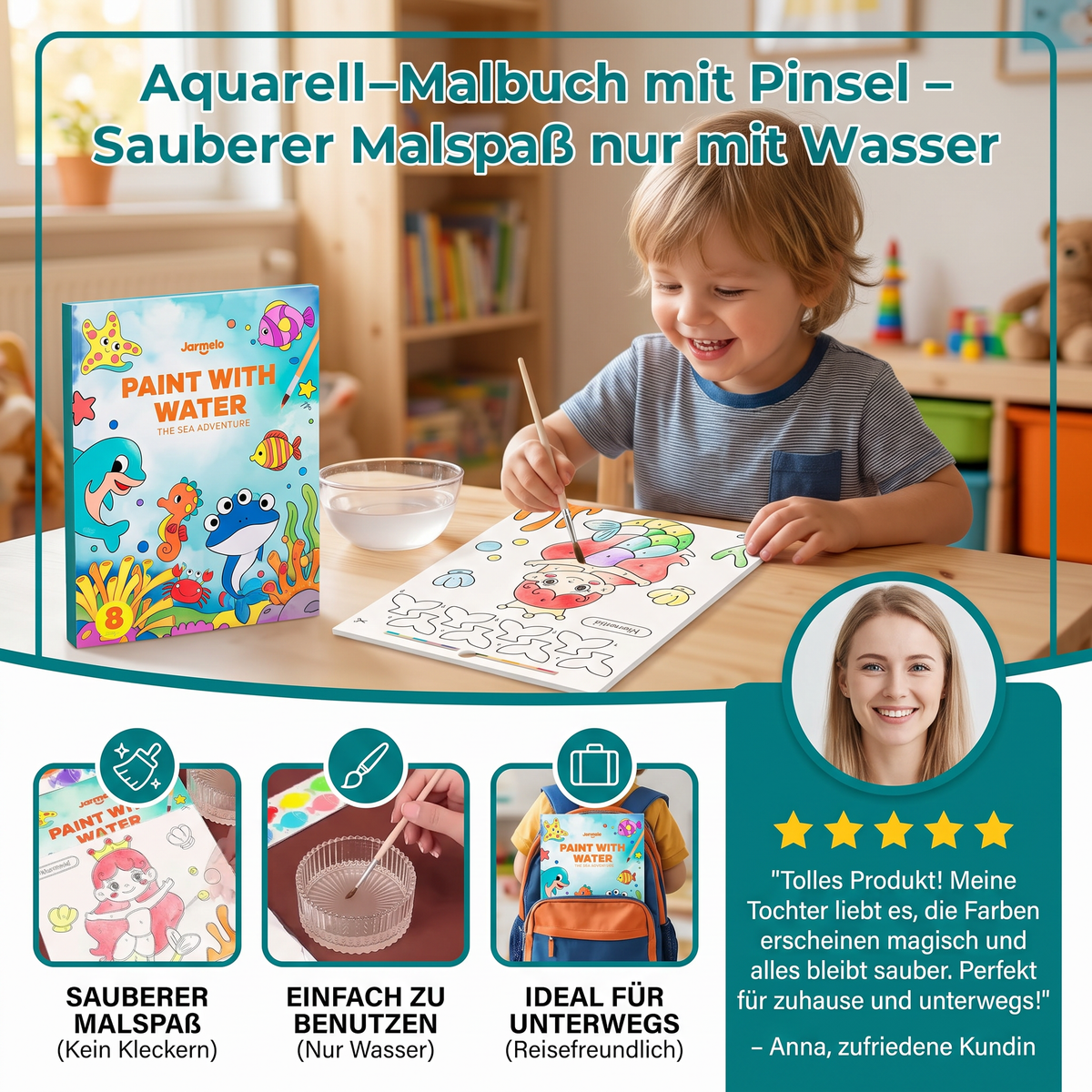 Aquarell-Malbuch mit Pinsel – Sauberer Malspaß nur mit Wasser