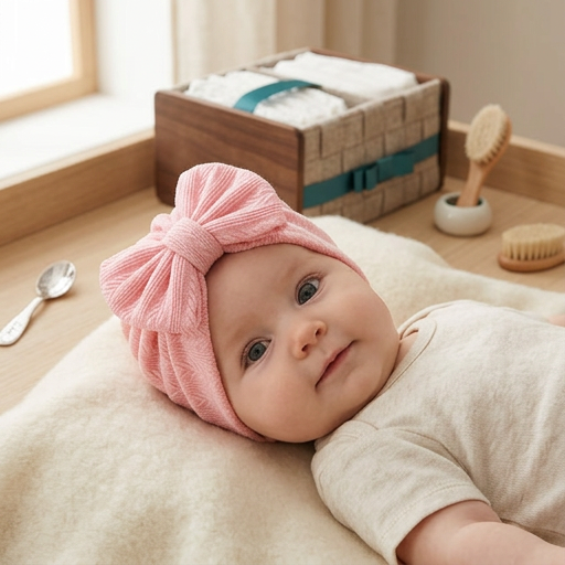 Geraffter Baby-Turban mit Schleife – Weiche Strickmütze für Neugeborene