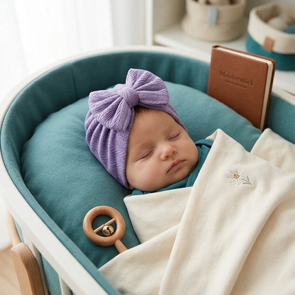 Geraffter Baby-Turban mit Schleife – Weiche Strickmütze für Neugeborene