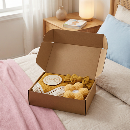 Baby Pflege Geschenkbox – Handtuch, Socken oder Haarband & Badebürste für Neugeborene