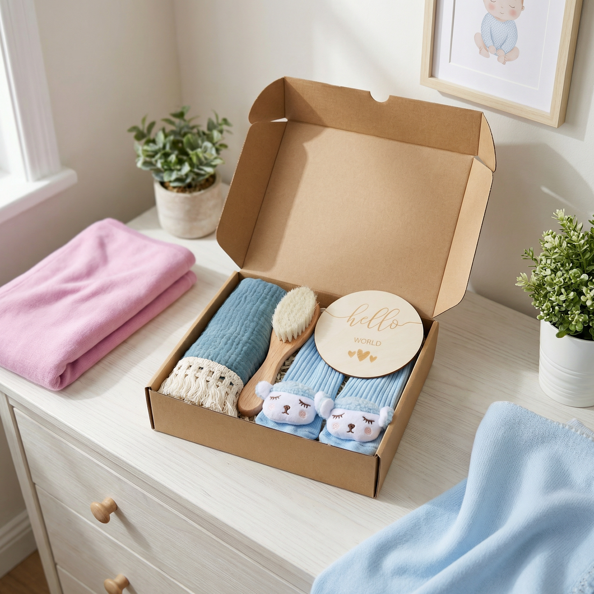 Baby Pflege Geschenkbox – Handtuch, Socken oder Haarband & Badebürste für Neugeborene