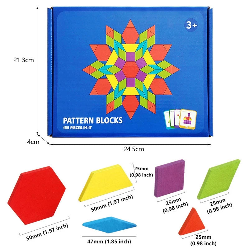 Geometrisches Montessori Holz Puzzle & Rätsel set für Kinder – 155 bunte Teile