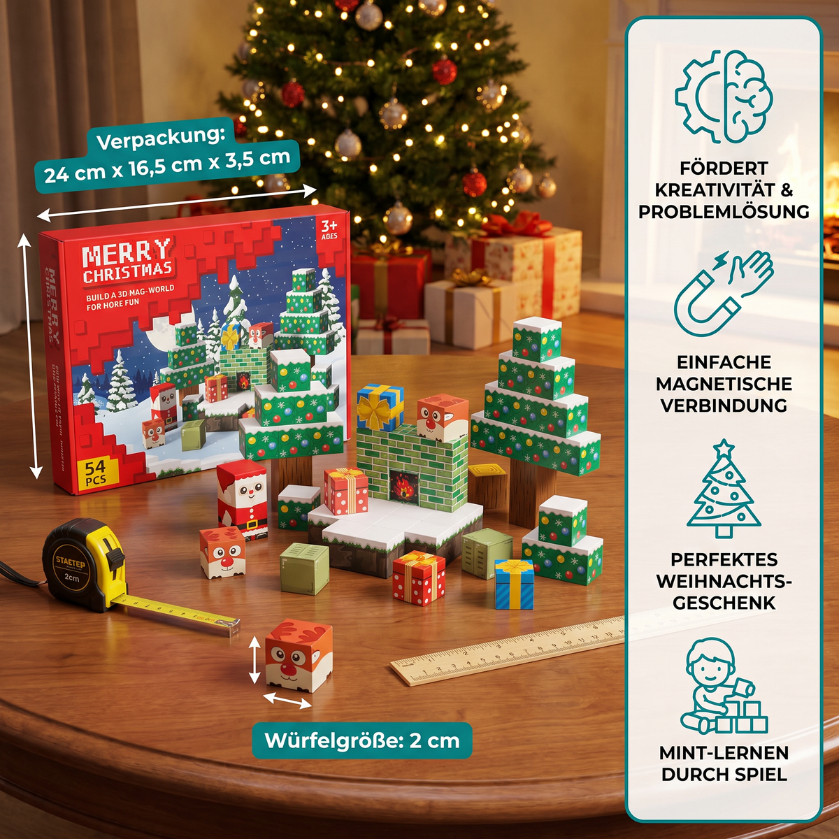 54-teiliges Weihnachts-Magnetbausteinset – Festliches MINT-Konstruktionsspielzeug