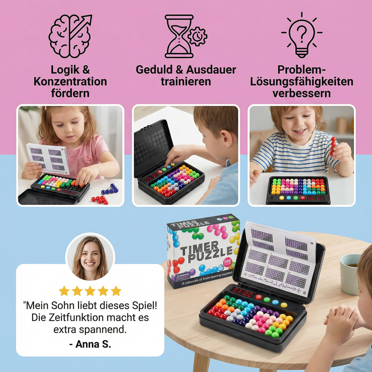 Logik-Denkspiel für Kinder – 500 Rätsel mit Timer