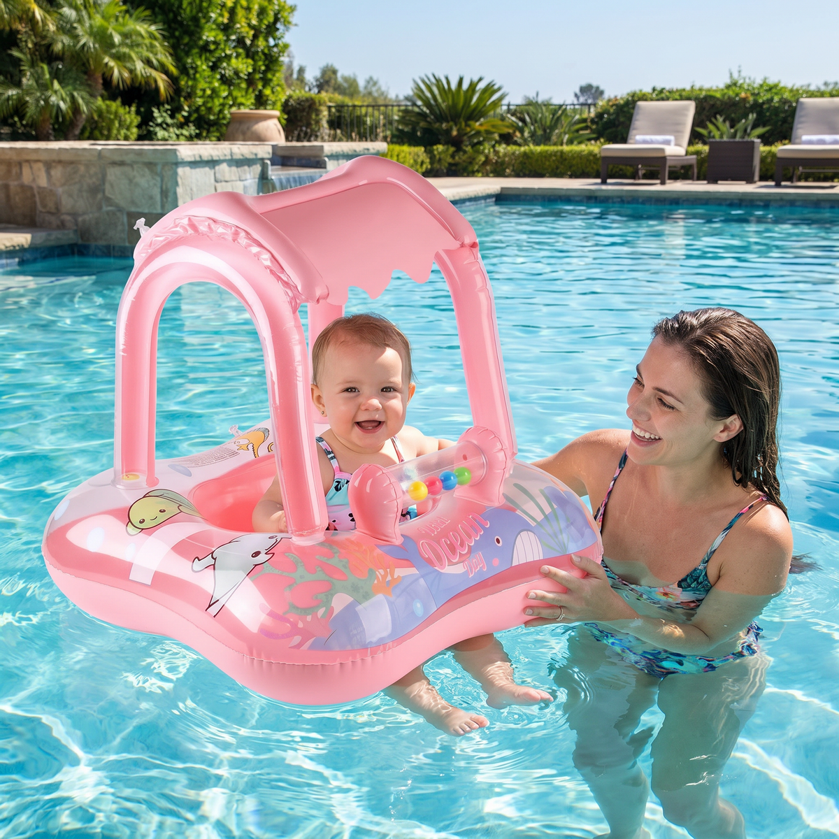 Aufblasbarer Baby Pool Float mit Sonnendach & Ozean-Motiv